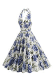 Halter Bianco Blu A Line Floreale Stampato 1950s Abito