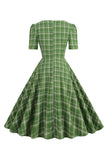 Verde Bowknot maniche corte Plaid 1950s Vintage Dress