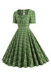 Verde Bowknot maniche corte Plaid 1950s Vintage Dress