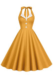 Halter Giallo A-Line Plissettato Abito Vintage