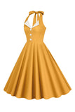 Halter Giallo A-Line Plissettato Abito Vintage