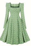 A Line Square Neck Abito Vintage Verde con Maniche Lunghe