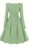 A Line Square Neck Abito Vintage Verde con Maniche Lunghe