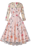 Blush A-Line Girocollo Fiore stampato 1950s Dress con maniche
