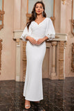 Bianco Mermaid V Neck Abito lungo da Cerimonia con maniche a sbuffo