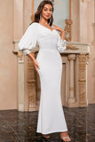 Bianco Mermaid V Neck Abito lungo da Cerimonia con maniche a sbuffo