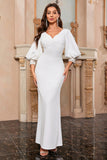 Bianco Mermaid V Neck Abito lungo da Cerimonia con maniche a sbuffo