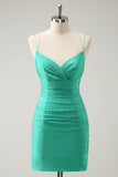 Verde Spaghetti Straps Backless Tight Homecoming Dress con perline