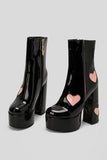Stivali con tacco alto chunky block con piattaforma in pelle PU nera con cuori rosa