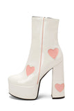 Stivali con tacco alto chunky block con piattaforma in pelle PU nera con cuori rosa