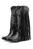 Stivali in pelle con nappa ricamata nera da donna