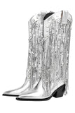 Glitter Silver Metallic Nappa Punta Stivali Cowgirl con paillettes
