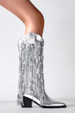 Glitter Silver Metallic Nappa Punta Stivali Cowgirl con paillettes