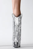 Glitter Silver Metallic Nappa Punta Stivali Cowgirl con paillettes