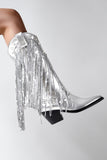 Glitter Silver Metallic Nappa Punta Stivali Cowgirl con paillettes