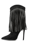 Stivaletti con tacco a spillo con frange con strass in pelle scamosciata nera