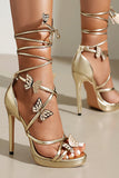 Scarpe da donna con cinturino metallico dorato Stilletos tacchi scarpe con farfalla