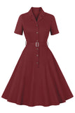 Semplice Borgogna risvolto collo Vintage 1950s Dress