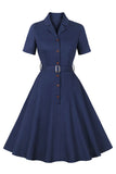 Semplice Borgogna risvolto collo Vintage 1950s Dress