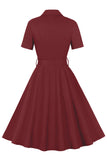 Semplice Borgogna risvolto collo Vintage 1950s Dress