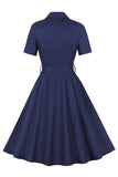 Semplice Borgogna risvolto collo Vintage 1950s Dress