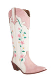 Bianco ricamato ginocchio alto ampio polpaccio tacco grosso stivali da cowgirl