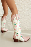Bianco ricamato ginocchio alto ampio polpaccio tacco grosso stivali da cowgirl