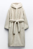 Cappotto Donna Pelliccia Lunga Shearling Beige Grigia con Cintura