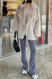 Grigio Marrone Midi Risvolto Dentellato Shaggy Faux Fur Cappotto Donna