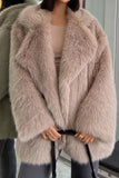 Grigio Marrone Midi Risvolto Dentellato Shaggy Faux Fur Cappotto Donna