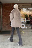 Grigio Marrone Midi Risvolto Dentellato Shaggy Faux Fur Cappotto Donna