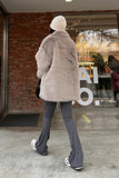 Grigio Marrone Midi Risvolto Dentellato Shaggy Faux Fur Cappotto Donna