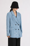 Scintillante blu risvolto dentellato donne Blazer con paillettes