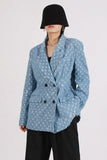 Scintillante blu risvolto dentellato donne Blazer con paillettes