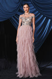 Sparkly Pink Off The Shoulder Tiered Abiti Da Cerimonia