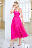 Fucsia A Line Spaghetti Straps Abito Da Cerimonia con fiocco