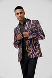 Blazer da uomo con risvolto dentato stampato con motivo viola glitter
