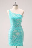 Sparkly Mint One Shoulder Tight Abito Da Cocktail corto con paillettes