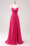 Fucsia Spaghetti Straps Chiffon Abito da damigella d'onore lungo con fessura