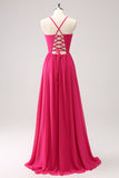 Fucsia Spaghetti Straps Chiffon Abito da damigella d'onore lungo con fessura