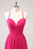 Fucsia Spaghetti Straps Chiffon Abito da damigella d'onore lungo con fessura