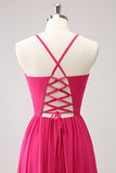 Fucsia Spaghetti Straps Chiffon Abito da damigella d'onore lungo con fessura