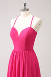 Fucsia Spaghetti Straps Chiffon Abito da damigella d'onore lungo con fessura