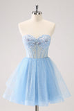 Sky Blue A Line Sweetheat Corsetto Tulle Abito Da Cocktail con paillettes