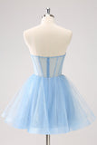 Sky Blue A Line Sweetheat Corsetto Tulle Abito Da Cocktail con paillettes