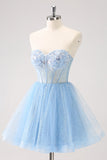 Sky Blue A Line Sweetheat Corsetto Tulle Abito Da Cocktail con paillettes