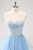 Sky Blue A Line Sweetheat Corsetto Tulle Abito Da Cocktail con paillettes