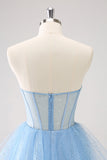 Sky Blue A Line Sweetheat Corsetto Tulle Abito Da Cocktail con paillettes