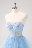 Sky Blue A Line Sweetheat Corsetto Tulle Abito Da Cocktail con paillettes