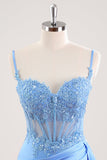 Blu Spaghetti Straps Corsetto Floreale Stretto Abito Breve Abito Da Cocktail